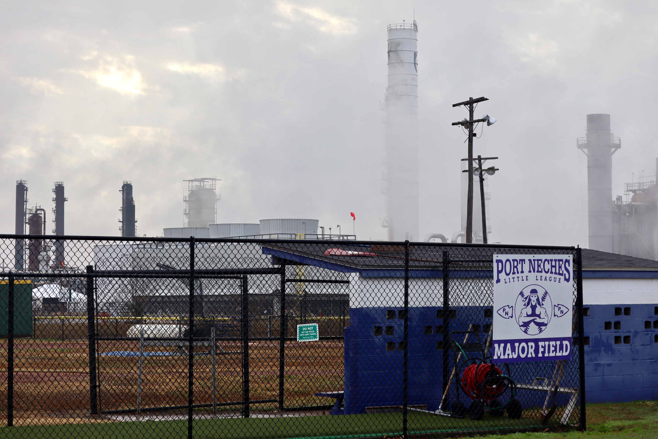 This youth baseball field is next to the TPC Group chemical plant in Port Neches, Texas. Explosions and a fire occurred at the plant on November 27, 2019. Credit: James Bruggers/Inside Climate News