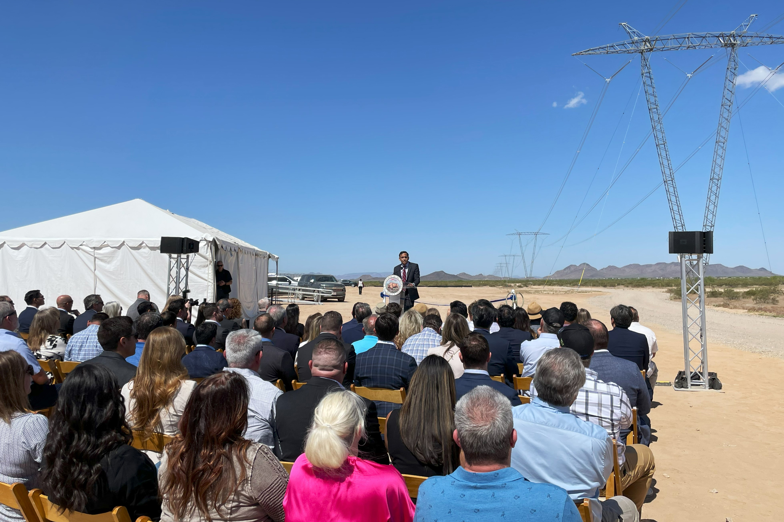 Himanshu Saxena, CEO of Lotus Infrastructure Partners, speaks on April 25 at an event to recognize the completion of the Ten West Link, a transmission line that spans between Arizona and California. Credit: Noel Lyn Smith/Inside Climate News